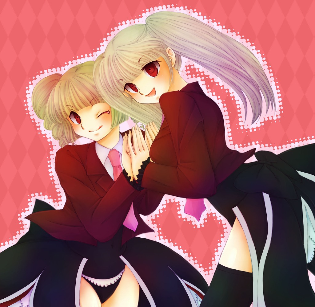 uta (semimaru), asmodeus (umineko), beelzebub (umineko), stakes of purgatory, umineko no naku koro ni, 00s, 2girls, drill hair, multiple girls, necktie, one eye closed, pink necktie, red eyes, tongue, twintails, wink