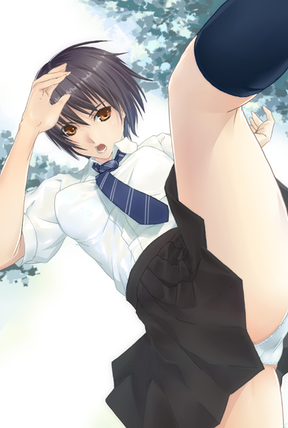 mishima yoshikatsu, original, bad id, bad pixiv id, black hair, brown eyes, high kick, kicking, necktie, panties, pantyshot, short hair, socks, solo, underwear