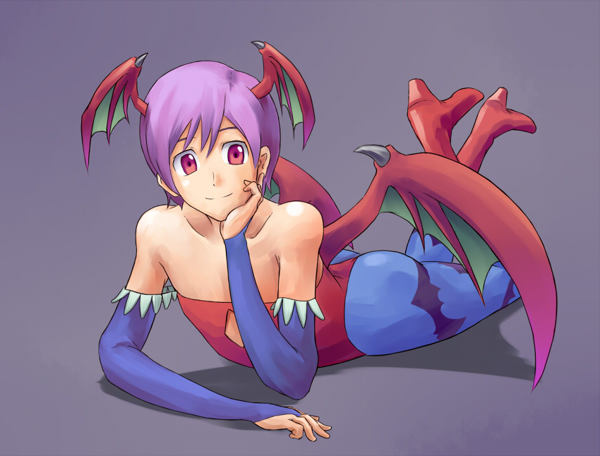 kurio, lilith (darkstalkers), capcom, darkstalkers, print legwear, 1girl, animal print, ass, bare shoulders, bat print, bat wings, bridal gauntlets, demon girl, elbow gloves, female focus, flat chest, gloves, head rest, head wings, legs, leotard, looking at viewer, lying, on stomach, pantyhose, purple hair, red eyes, red leotard, short hair, simple background, smile, solo, the pose, thighhighs, thighs, wings
