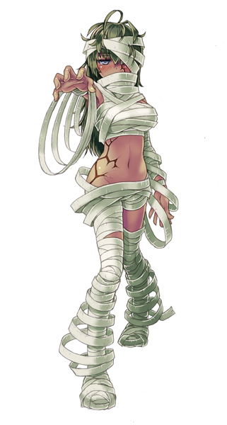 kenkou cross, mummy (monster girl encyclopedia), monster girl encyclopedia, original, bad id, bad pixiv id, official art, 1girl, bandages, blush, breasts, dark-skinned female, dark skin, female focus, green hair, large breasts, long hair, midriff, monster girl, mummy, solo, tattoo, undead