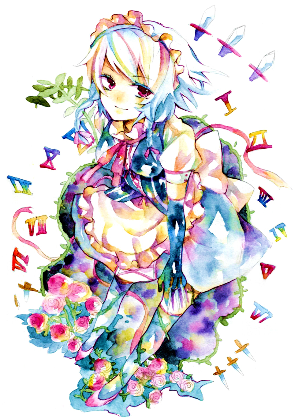 legomaru, izayoi sakuya, touhou, silver hair, highres, painting (medium), traditional media, watercolor (medium), 1girl, female focus, full body, knife, maid, plant, red eyes, solo, throwing knife, weapon, white background