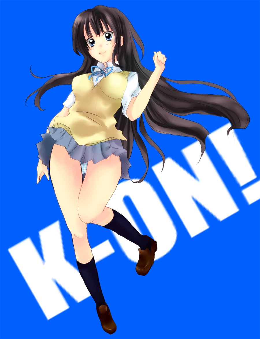 the starry skies, akiyama mio, k-on!, bad id, bad pixiv id, 00s, 1girl, black hair, blue eyes, breasts, female focus, long hair, panties, pantyshot, school uniform, solo, striped clothes, striped panties, underwear, upskirt