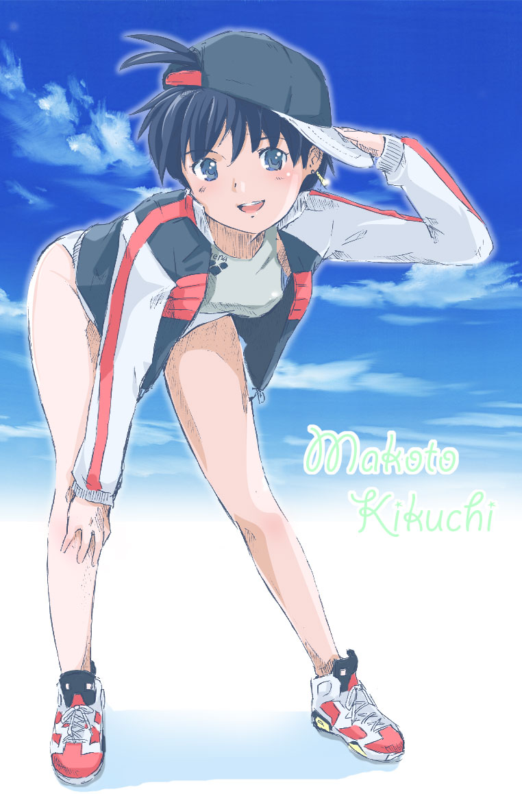 mayo riyo, kikuchi makoto, arena (company), idolmaster, idolmaster (classic), bad id, bad pixiv id, 00s, 1girl, baseball cap, bent over, black hair, blue eyes, character name, competition swimsuit, female focus, hat, jacket, legs, long legs, no socks, one-piece swimsuit, open clothes, open jacket, raglan sleeves, salute, shoes, short hair, sneakers, solo, swimsuit, swimsuit under clothes, thighs, tomboy