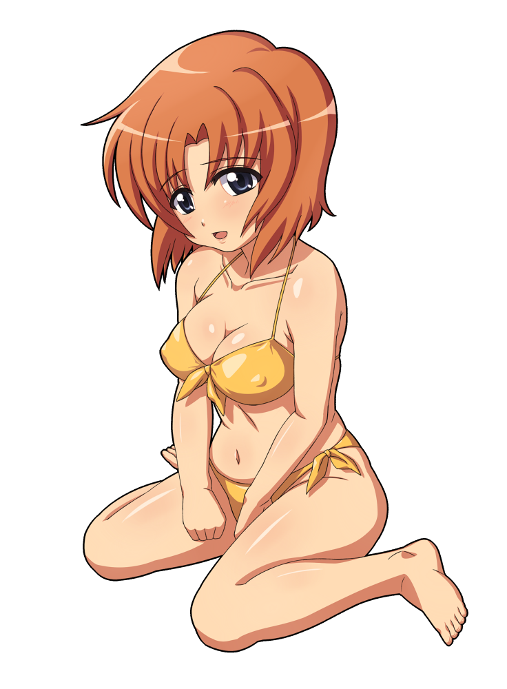 yoohi, ryuuguu rena, higurashi no naku koro ni, 00s, 1girl, barefoot, bikini, blue eyes, breasts, brown hair, cleavage, covered erect nipples, curvy, feet, female focus, full body, kneeling, large breasts, navel, orange bikini, orange hair, plump, short hair, simple background, sitting, solo, swimsuit, wariza, white background