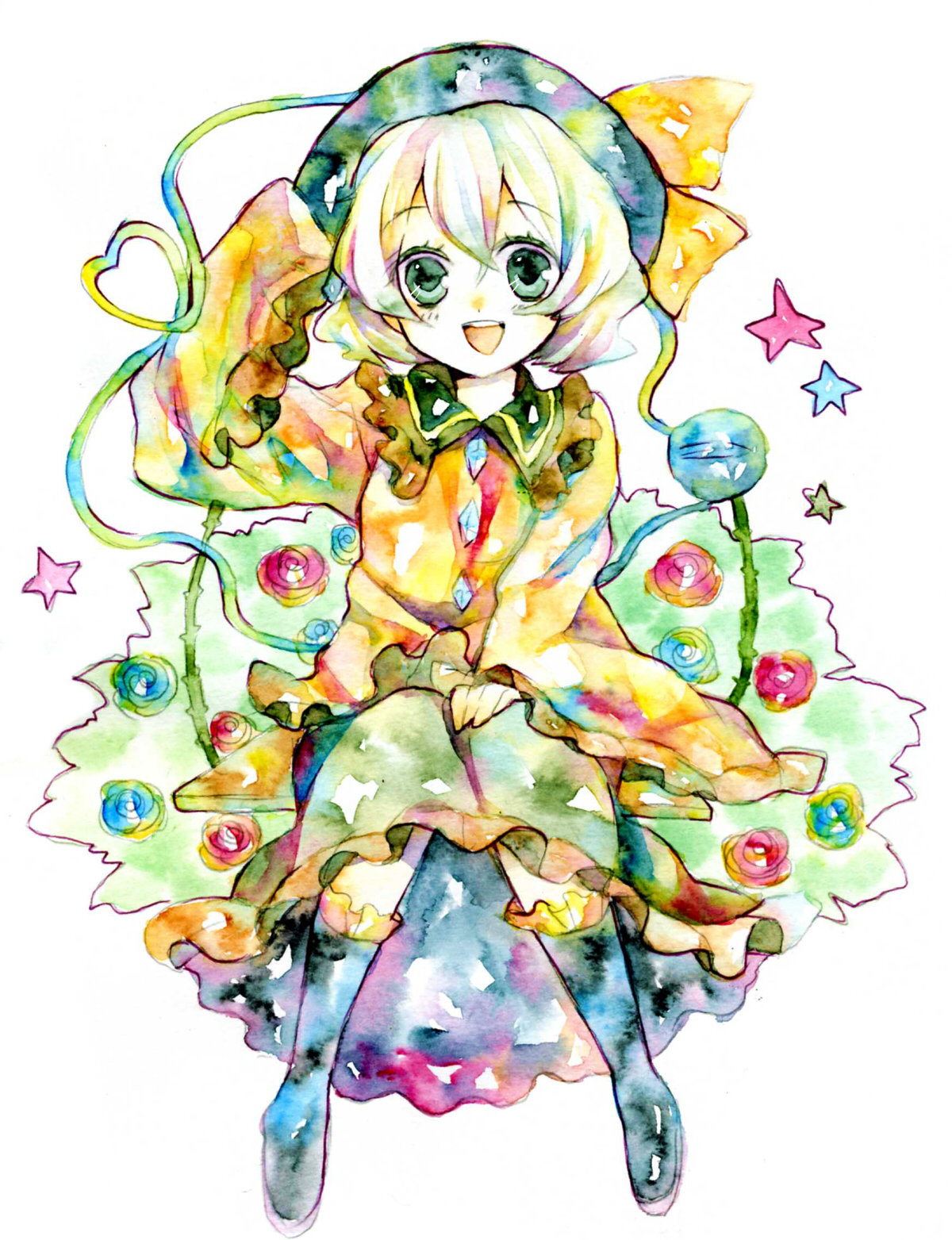 legomaru, komeiji koishi, touhou, highres, painting (medium), traditional media, watercolor (medium), 1girl, female focus, full body, green eyes, hat, skirt, smile, solo, white background