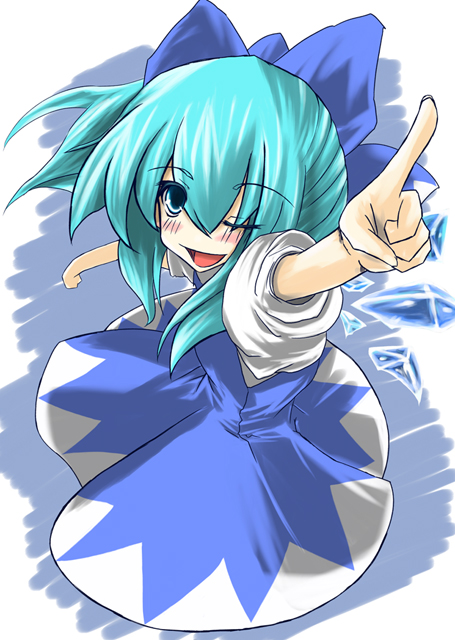 r0g0b0, cirno, embodiment of scarlet devil, touhou, bad id, bad pixiv id, 1girl, blue eyes, blue hair, female focus, full body, hair ribbon, matching hair/eyes, ribbon, solo, wings, wink