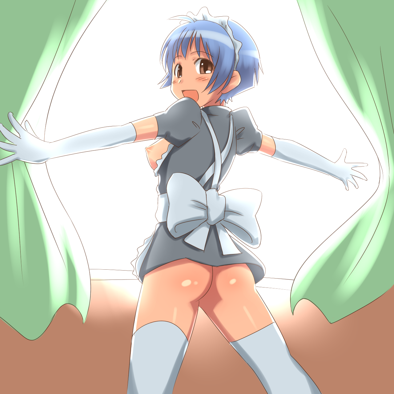 aaaa (quad-a), original, bad id, bad pixiv id, highres, 1girl, :d, ass, blue hair, bottomless, breastless clothes, breasts, breasts out, brown eyes, cowboy shot, curtains, elbow gloves, female focus, framed breasts, gloves, happy, looking at viewer, looking back, maid, miniskirt, nipples, no panties, open mouth, revealing clothes, short hair, skirt, small breasts, smile, solo, standing, thighhighs, window