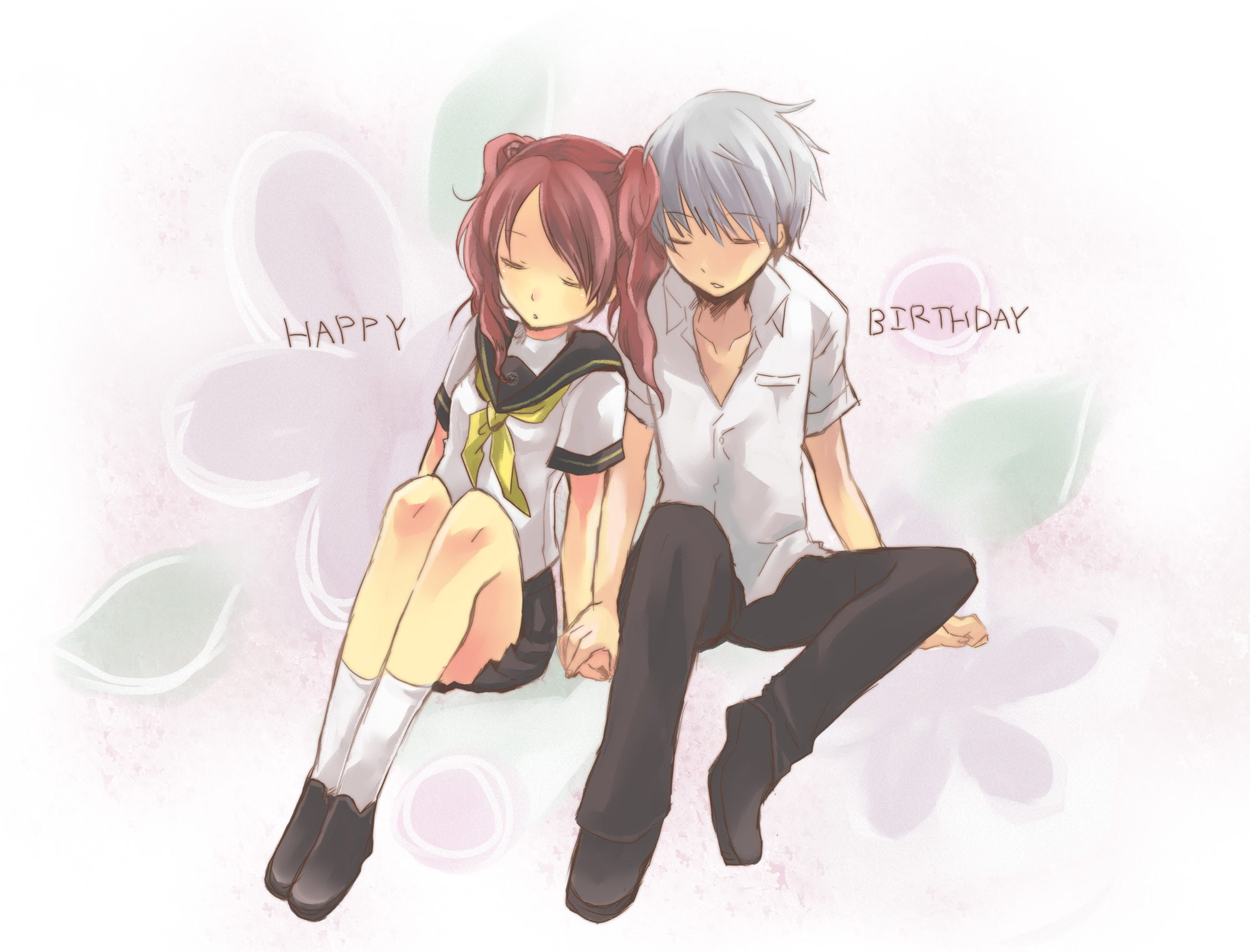 menoko, kujikawa rise, narukami yu, atlus, persona, persona 4, highres, 1boy, 1girl, closed eyes, couple, hetero, school uniform, twintails