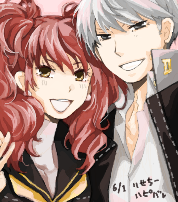 sato (flower), kujikawa rise, narukami yu, atlus, persona, persona 4, silver hair, bad id, bad pixiv id, 1boy, 1girl, couple, earrings, hetero, jewelry, red hair, school uniform, smile, twintails