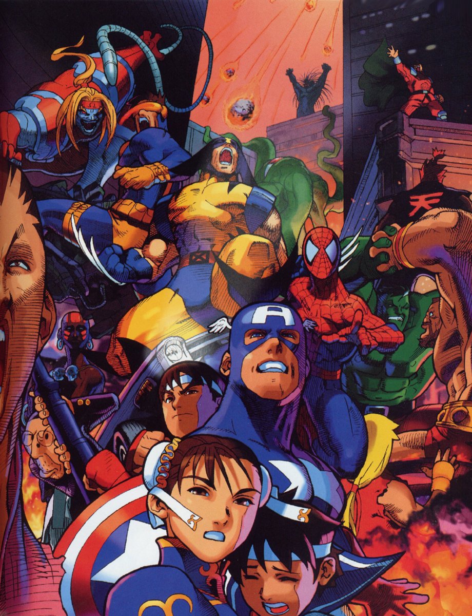 bengus, akuma (street fighter), blackheart (marvel), bruce banner, captain america, chun-li, cyclops (x-men), dhalsim, hibiki dan, hulk, kasugano sakura, ken masters, m. bison, norimaro, omega red, ryu (street fighter), shuma gorath, spider-man, steve rogers, wolverine (x-men), zangief, capcom, marvel, marvel super heroes vs. street fighter, marvel vs. capcom, spider-man (series), street fighter, x-men, highres, 2girls, 6+boys, blue sailor collar, bodysuit, company connection, crossover, everyone, jewelry, multiple boys, multiple girls, necklace, sailor collar, skull necklace, united states