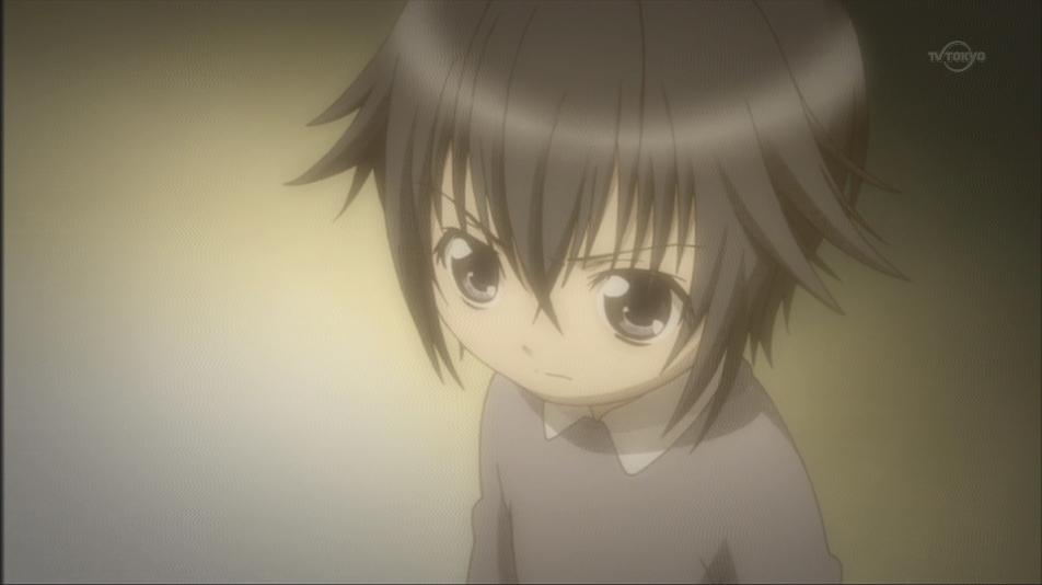 tsukiyomi ikuto, tsukuyomi ikuto, shugo chara!, anime screenshot, non-web source, 1boy, aged down, black hair, blue eyes, child, close-up, male focus, short hair, solo, spiked hair, watermark