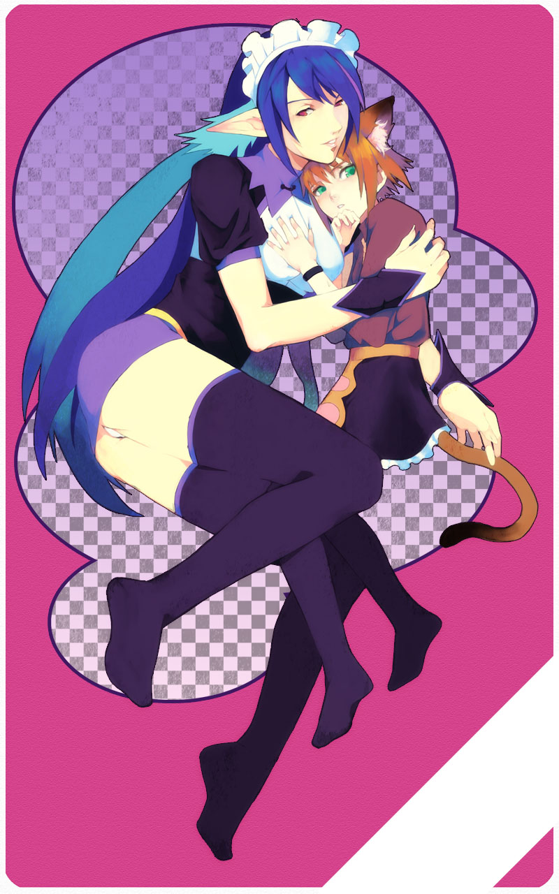 silvis, judith (tales), rita mordio, tales of (series), tales of vesperia, bad id, bad pixiv id, highres, 00s, 2girls, animal ears, blue hair, breasts, brown hair, cat ears, grabbing another's breast, groping, large breasts, maid, multiple girls, official alternate costume, pencil skirt, pointy ears, short hair, skirt, thighhighs, yuri