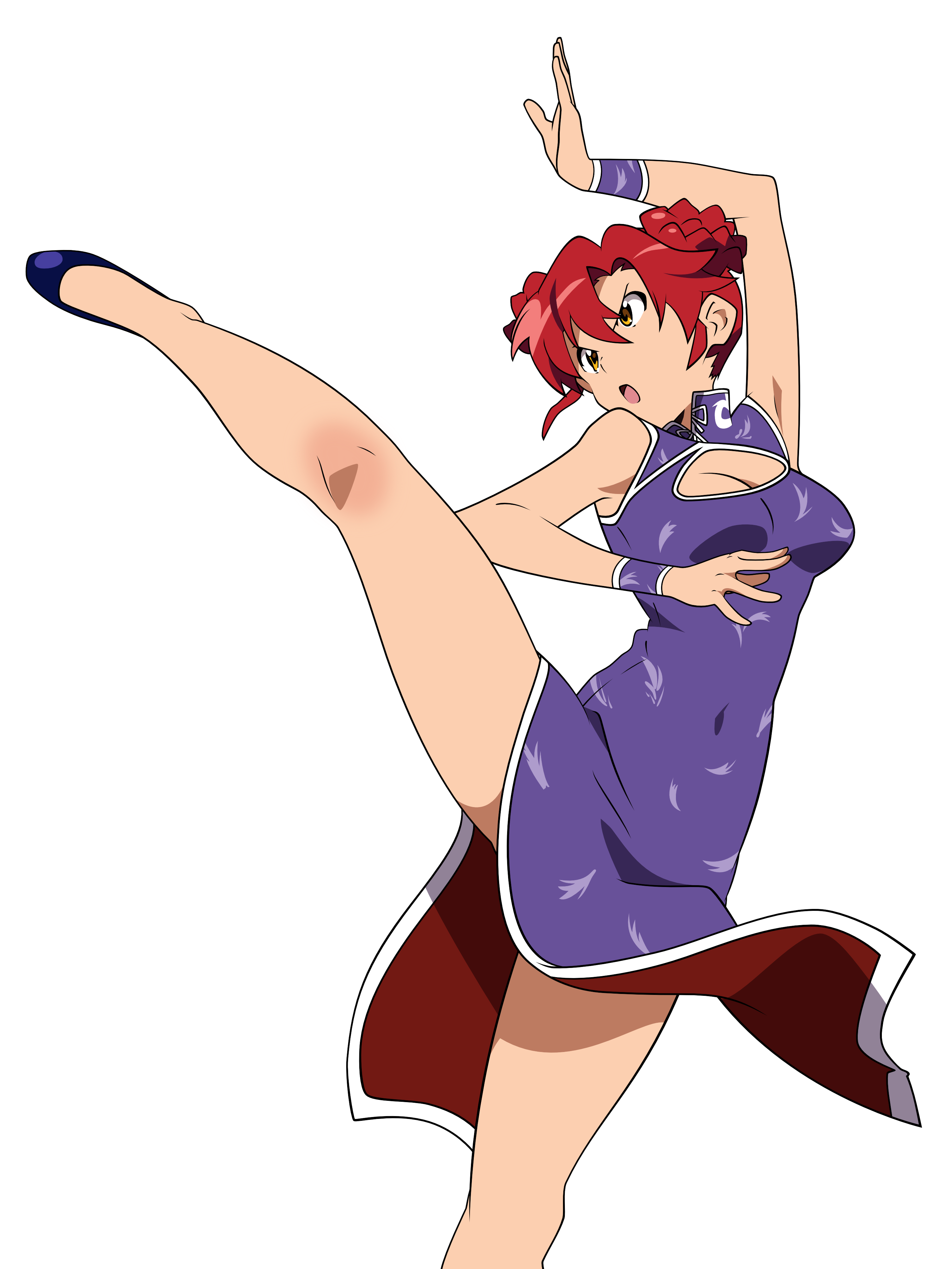 yoko littner, pieces of sweet stars, tengen toppa gurren lagann, absurdres, derivative work, highres, vector trace, 00s, 1girl, :o, breasts, china dress, chinese clothes, cleavage, cleavage cutout, clothing cutout, dress, female focus, fighting stance, flexible, large breasts, leg lift, red hair, solo, transparent background, wristband, yellow eyes