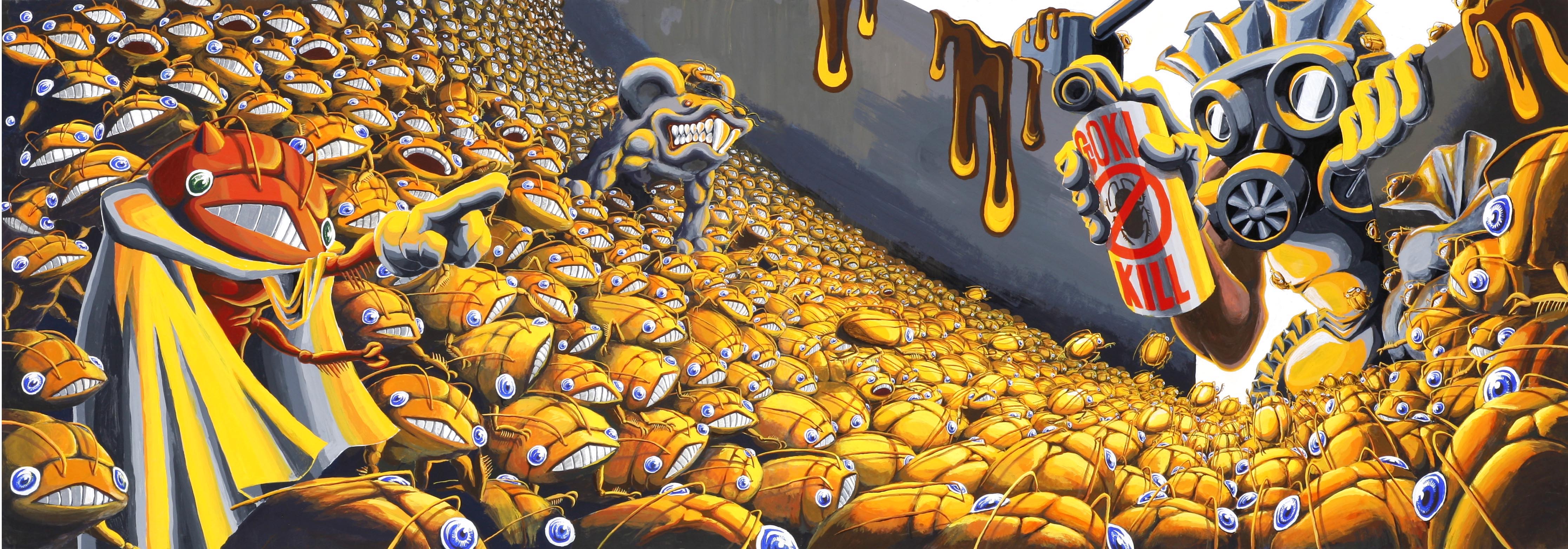 chaki-dx, chaki (teasets), original, spray, absurdres, gender request, highres, long image, wide image, :<, androgynous, apron, battle, bug, cockroach, epic, gas mask, gloves, insect, mask, mouse (animal), solo