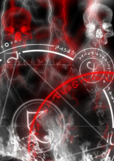 fire, lens flare, lightning, magic circle, no humans, skull