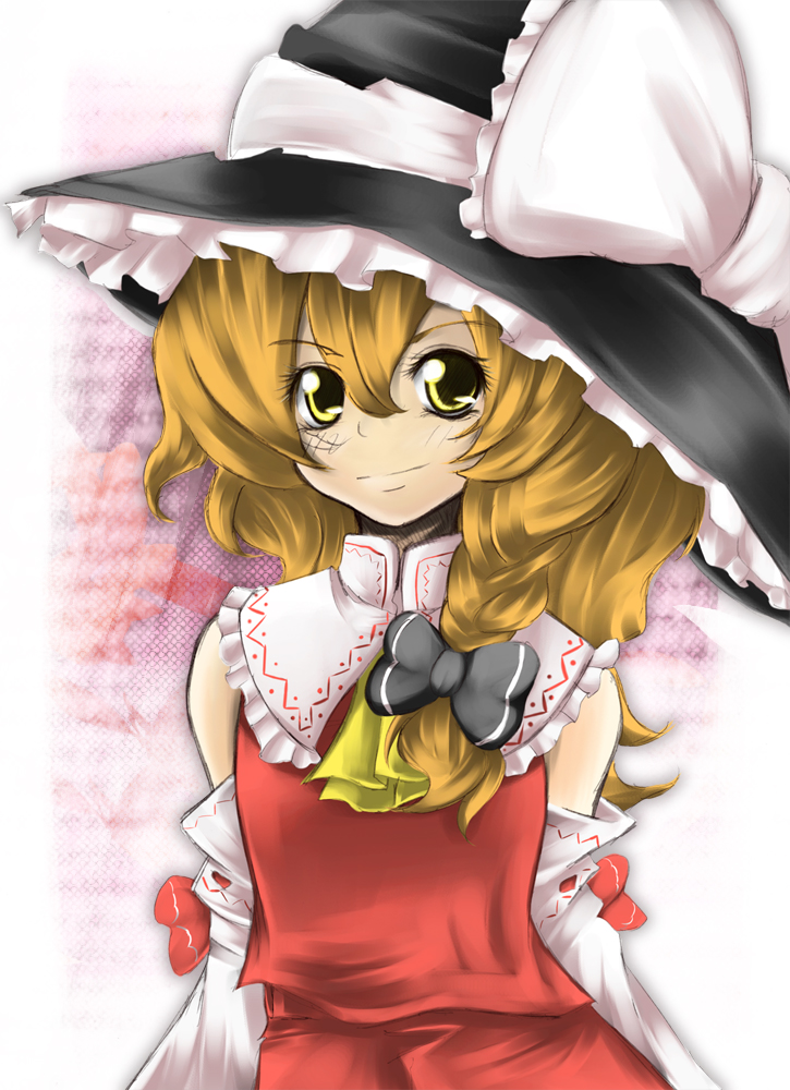 r0g0b0, hakurei reimu, kirisame marisa, touhou, bad id, bad pixiv id, 1girl, blonde hair, braid, cosplay, detached sleeves, female focus, hakurei reimu (cosplay), hat, japanese clothes, miko, short hair, solo, witch, witch hat, yellow eyes