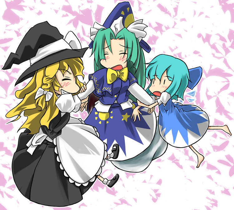r0g0b0, cirno, kirisame marisa, mima (touhou), touhou, touhou (pc-98), bad id, bad pixiv id, 3girls, barefoot, blonde hair, blue hair, dress, female focus, full body, green hair, hair ribbon, hat, multiple girls, ribbon, short hair, skirt, white background, wings, witch, witch hat, wizard hat