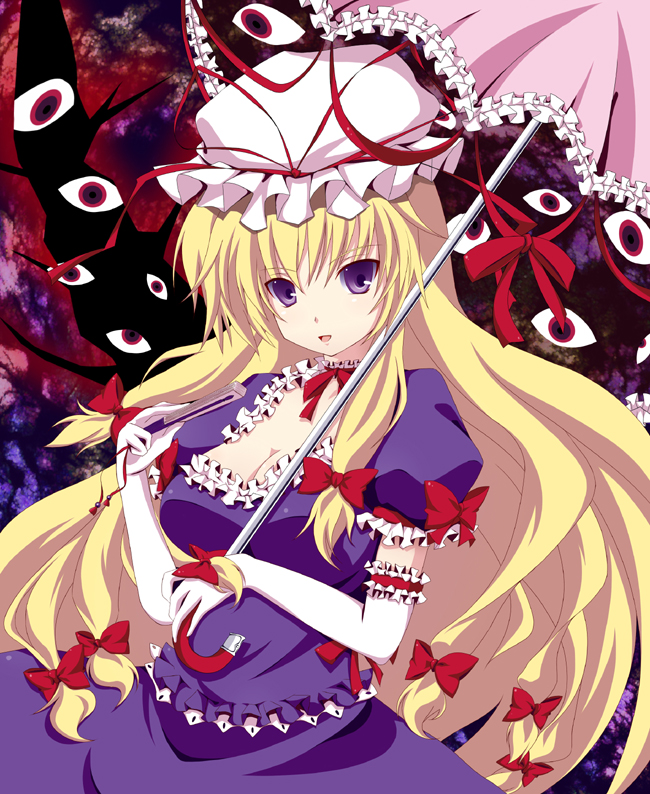 kurono yuzuko, yuuko (pixiv), yakumo yukari, touhou, bad id, bad pixiv id, 1girl, blonde hair, breasts, dress, elbow gloves, female focus, gap (touhou), gloves, hair ribbon, hat, long hair, purple eyes, ribbon, solo, umbrella
