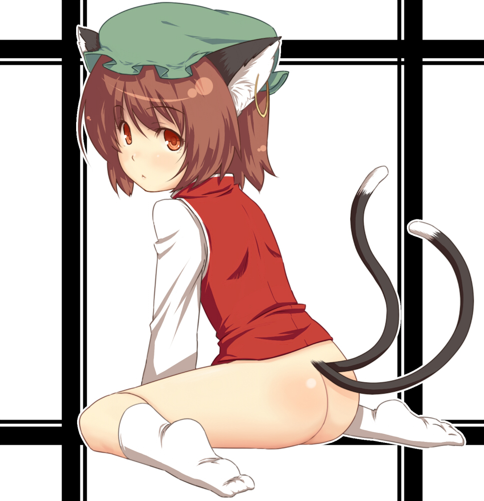 hiroya juuren, chen, touhou, 1girl, :<, animal ears, ass, bottomless, brown hair, cat ears, cat girl, cat tail, earrings, feet, female focus, hat, jewelry, loli, looking back, multiple tails, nekomata, no panties, short hair, simple background, single earring, sitting, socks, soles, solo, tail, two tails, wariza