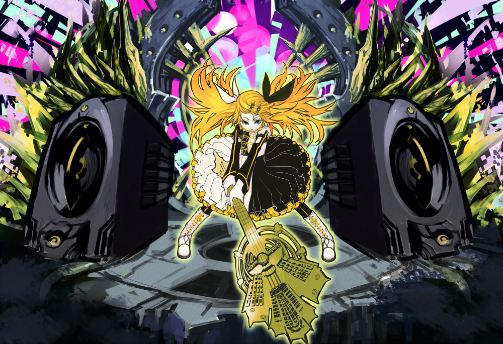 kansou samehada, kagamine rin, kagamine rin (reactor), meltdown, roshin yuukai (vocaloid), vocaloid, bad id, bad pixiv id, blonde hair, guitar, instrument, solo, speaker, twintails