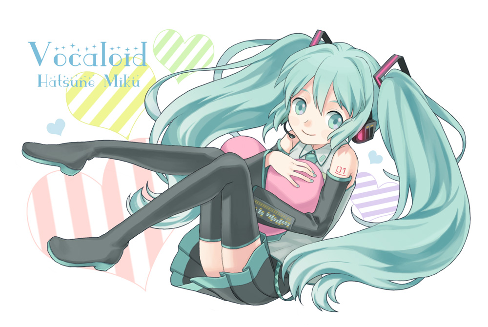matsurika, hatsune miku, vocaloid, aqua eyes, aqua hair, boots, heart, hug, thigh boots, thighhighs, twintails, zettai ryouiki