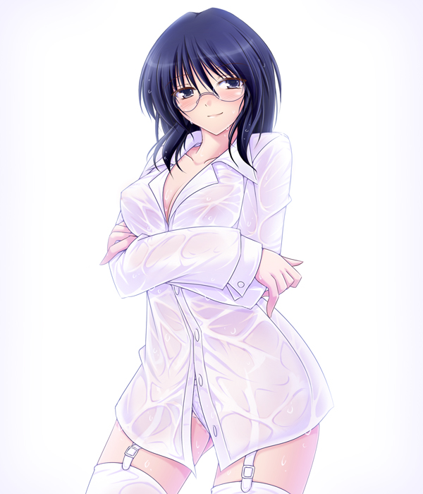 meso (gjmeso), meso (pixiv35947), original, bad id, bad pixiv id, black hair, blouse, blush, breasts, cleavage, garter belt, garter straps, glasses, grey eyes, large breasts, shirt, short hair, solo, thighhighs, wet