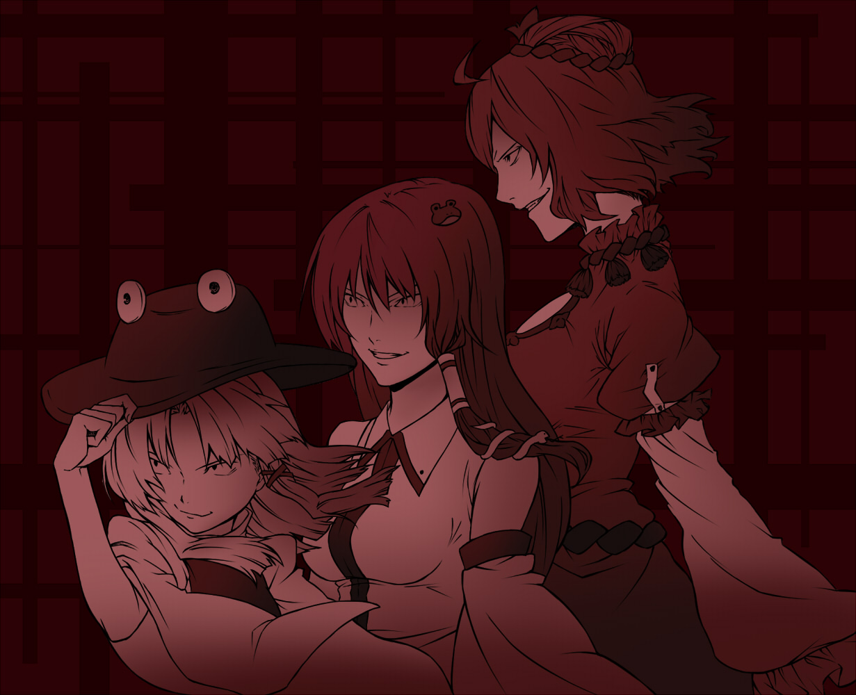 hiroya juuren, kochiya sanae, moriya suwako, yasaka kanako, touhou, 3girls, detached sleeves, evil grin, evil smile, female focus, frog, grin, hairband, hat, long hair, monochrome, multiple girls, red eyes, red theme, rope, short hair, smile, snake
