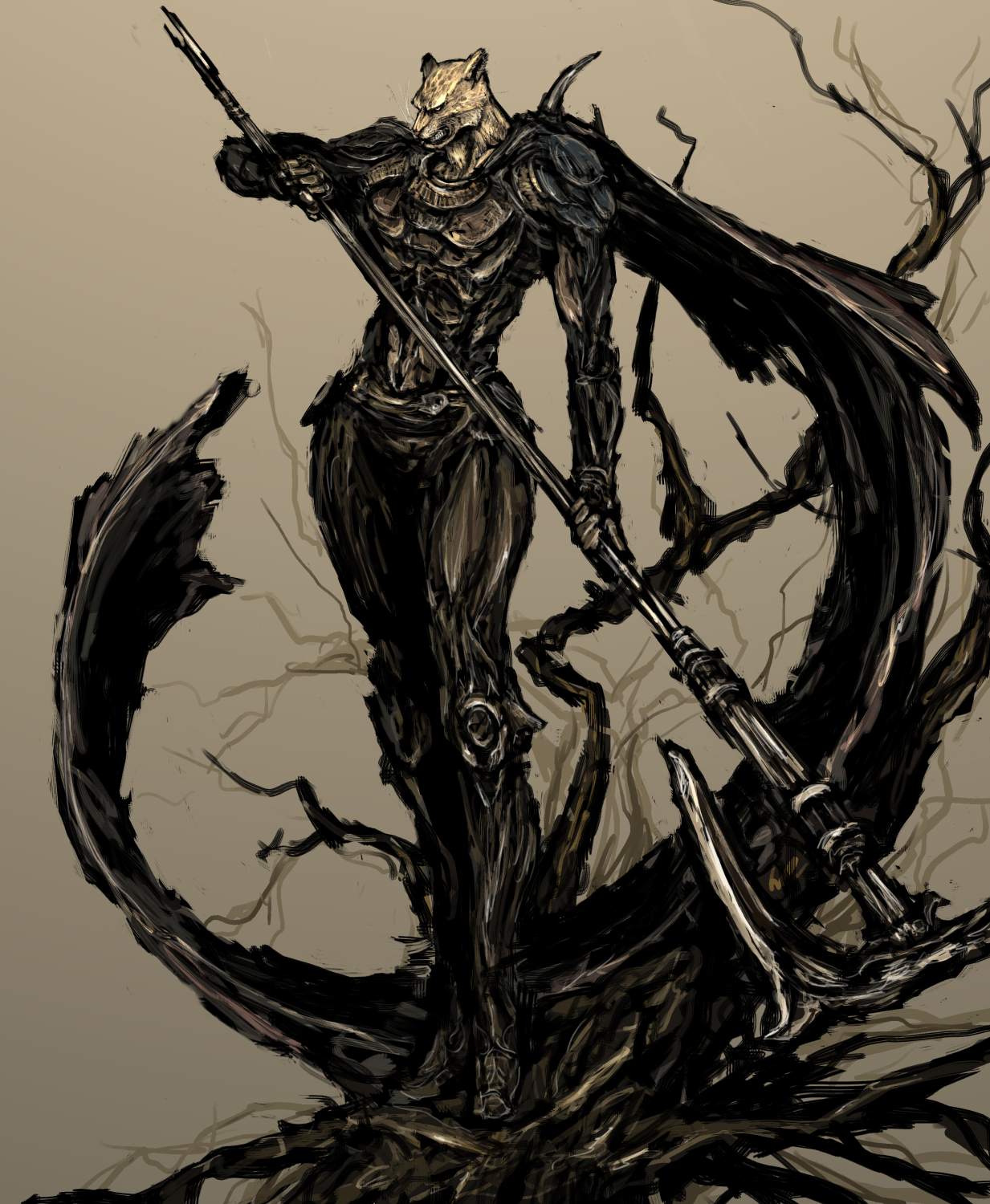 moto murabito, guin, guin saga, highres, traditional media, 00s, 1boy, armor, cloak, fantasy, furry, furry male, male focus, polearm, solo, weapon