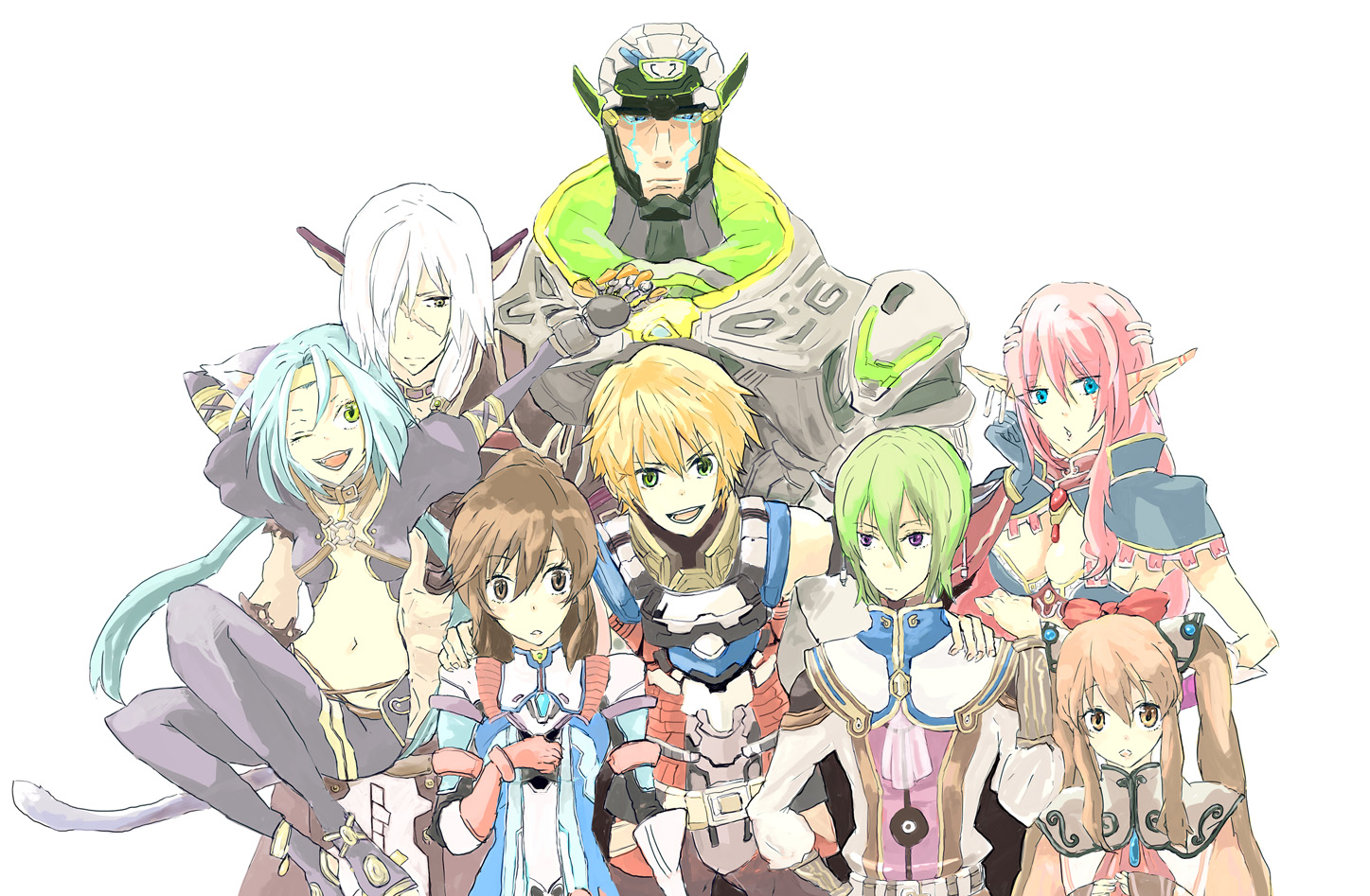 arumat p. thanatos, bacchus d-79, edge maverick, faize scheifa beleth, lymle lemuri phi, meracle chamlotte, myuria tionysus, saionji reimi, star ocean, star ocean: the last hope, 4boys, 4girls, animal ears, armor, blonde hair, blue eyes, blue hair, brown eyes, brown hair, ear covers, earrings, fangs, gloves, green eyes, jewelry, long hair, multiple boys, multiple girls, o-ring, pink hair, pointy ears, purple eyes, scar, smile, tail, twintails, white hair