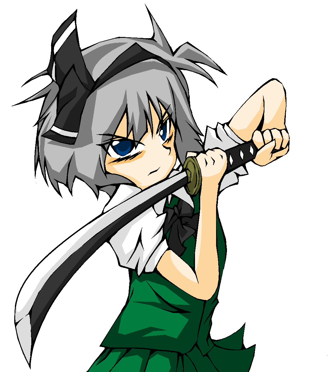 bacho, konpaku youmu, touhou, silver hair, bad id, bad pixiv id, 1girl, bad anatomy, blue eyes, female focus, hairband, katana, poorly drawn, ribbon, short hair, simple background, solo, sword, weapon