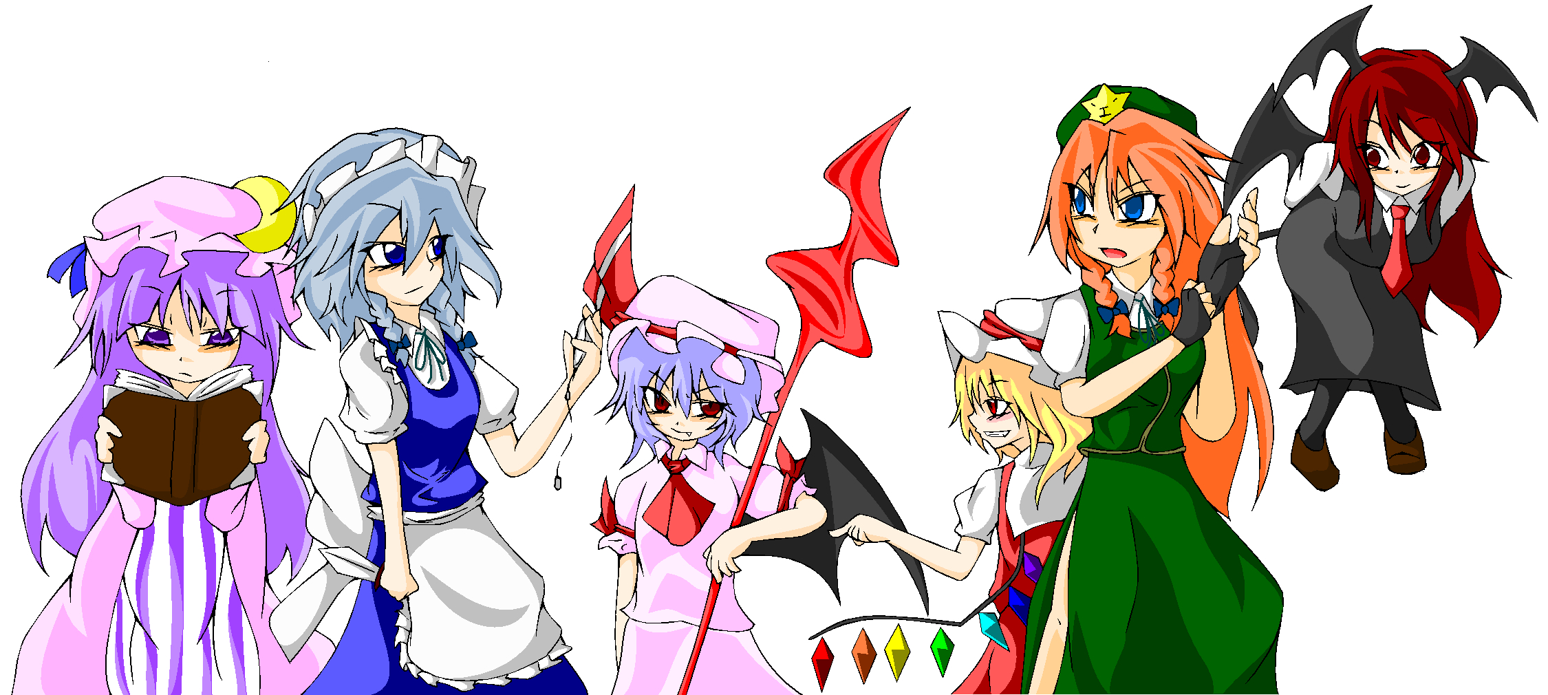 bacho, flandre scarlet, hong meiling, izayoi sakuya, koakuma, patchouli knowledge, remilia scarlet, embodiment of scarlet devil, touhou, silver hair, bad id, bad pixiv id, highres, 6+girls, bad anatomy, bat wings, blonde hair, blue eyes, blue hair, book, braid, china dress, chinese clothes, dress, female focus, hairband, hat, head wings, knife, long hair, maid, multiple girls, polearm, ponytail, poorly drawn, purple eyes, purple hair, red eyes, red hair, ribbon, short hair, side ponytail, simple background, skirt, spear, throwing knife, twin braids, weapon, white background, wings