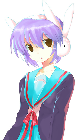 hayama eishi, nari otoko, nagato yuki, suzumiya haruhi-chan no yuuutsu, suzumiya haruhi no yuuutsu, bad id, bad pixiv id, 00s, 1girl, brown eyes, bunny headphones, cardigan, female focus, headphones, purple hair, school uniform, serafuku, short hair, solo