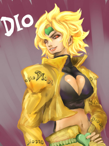 dio brando, jojo no kimyou na bouken, blonde hair, breasts, cleavage, cleavage cutout, clothing cutout, cropped jacket, genderswap, genderswap (mtf), hand on own hip, heart, heart cutout, midriff, navel, red eyes