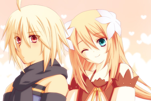 daybreak, emil castagnier, marta lualdi, tales of (series), tales of symphonia, tales of symphonia: dawn of the new world, 00s, 1boy, 1girl, blonde hair, blue eyes, brown hair, couple, flower, hair ornament, hetero, long hair, one eye closed, red eyes, scarf, wink