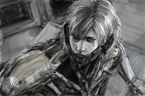 raiden (metal gear), metal gear (series), metal gear solid 4: guns of the patriots, bad id, bad pixiv id, 1boy, cyborg, grey hair, greyscale, male focus, monochrome, solo