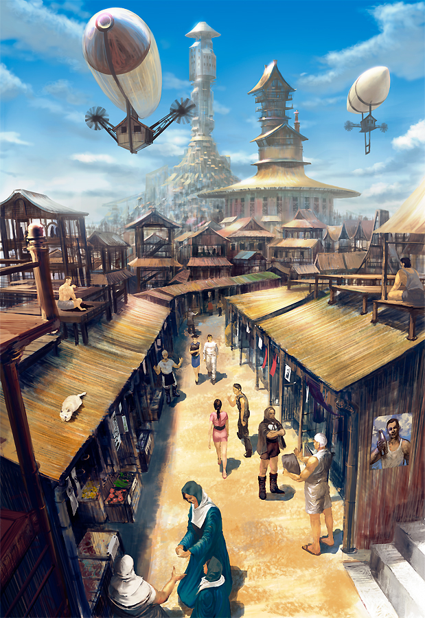 noba, original, 1girl, 6+boys, aircraft, airship, city, cloud, day, dirigible, flying, market, multiple boys, road, scenery, sky, street, vanishing point