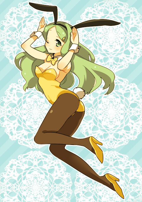 beniko, kimidori emiri, suzumiya haruhi no yuuutsu, bad id, bad pixiv id, 00s, animal ears, ass, fake animal ears, green eyes, green hair, long hair, one eye closed, panties, pantyhose, pantyshot, playboy bunny, rabbit ears, rabbit tail, solo, tail, underwear, wink