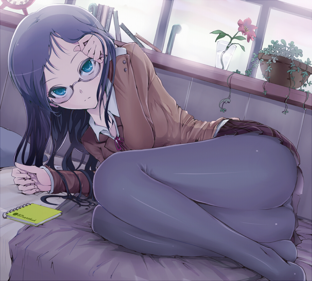 kasai shin, original, 1girl, adjusting hair, ass, bed, black hair, blouse, blue eyes, collared shirt, day, dutch angle, female focus, flower, glasses, grey pantyhose, indoors, legs, legs together, lying, on side, panties, panties under pantyhose, pantyhose, pantyshot, plaid clothes, plaid skirt, plant, pleated skirt, school uniform, shirt, skirt, solo, split mouth, staring, underwear, upskirt, white shirt