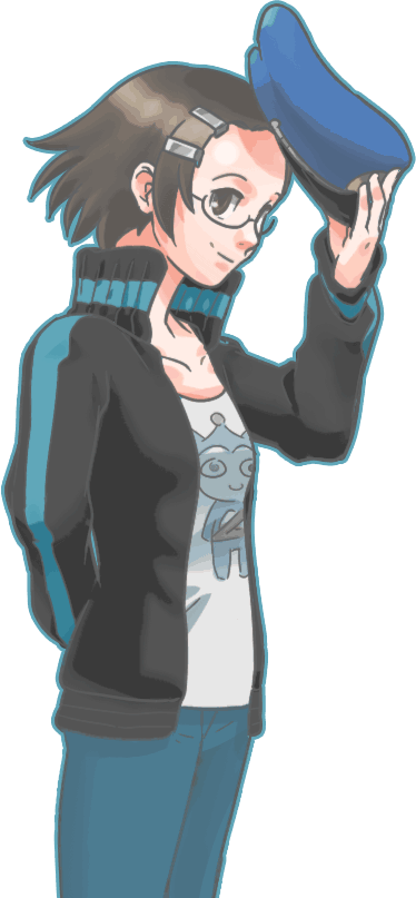 maggey byrde, ace attorney, ace attorney investigations, capcom, brown eyes, brown hair, glasses, hair ornament, hairclip, hat, jacket, smile, solo, transparent background