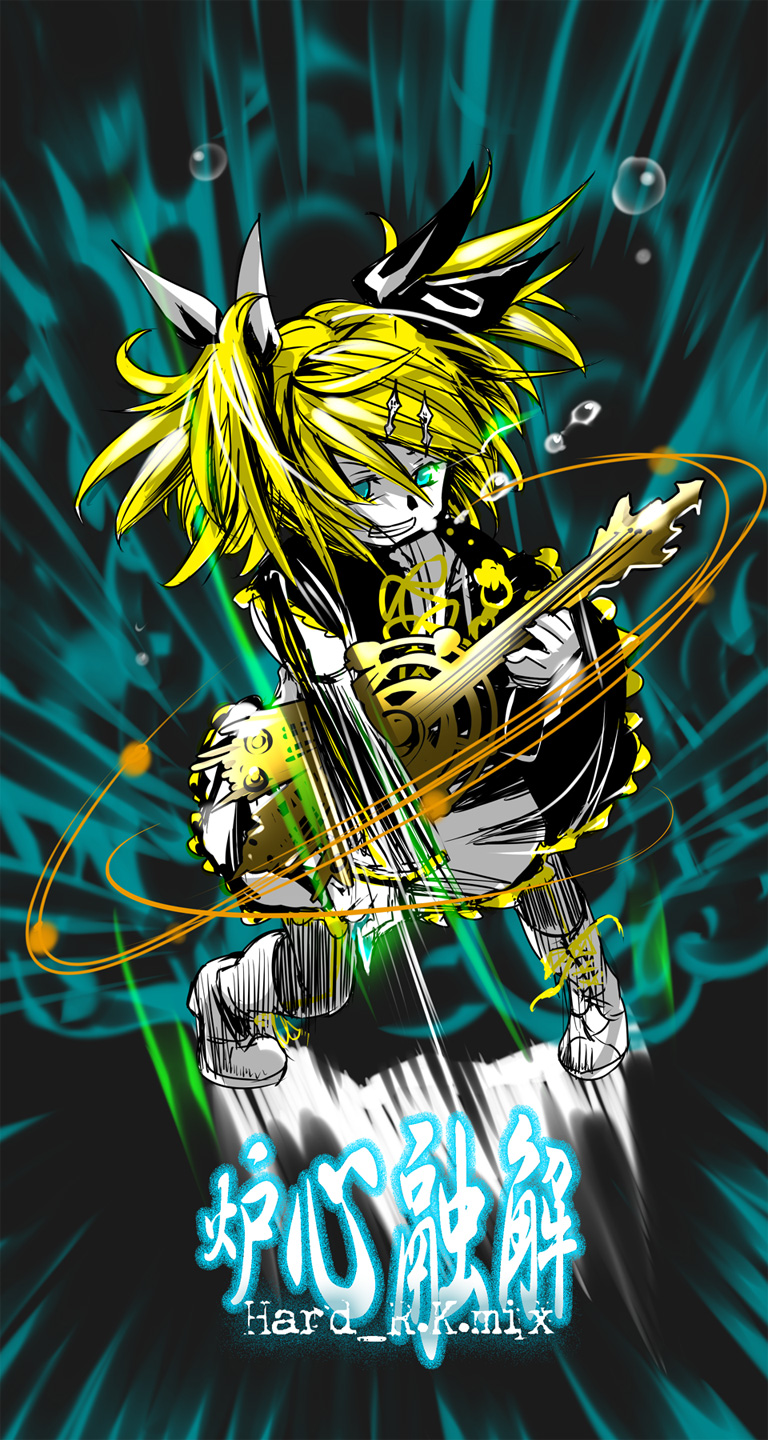 caffein, kagamine rin, kagamine rin (reactor), meltdown, roshin yuukai (vocaloid), vocaloid, highres, alternate hairstyle, bass guitar, blonde hair, blue eyes, boots, detached sleeves, glowing, glowing eyes, guitar, hair ornament, hair ribbon, hairclip, instrument, ribbon, solo, twintails