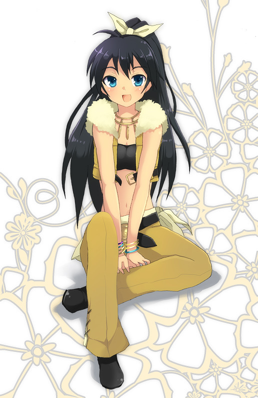 inui nagi, 961 production, ganaha hibiki, idolmaster, idolmaster (classic), 00s, 1girl, black hair, blue eyes, female focus, full body, midriff, ponytail, sitting, solo