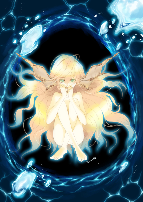 okuma mai, original, bad id, bad pixiv id, barefoot, blonde hair, feet, fins, green eyes, head fins, long hair, nude, solo, water