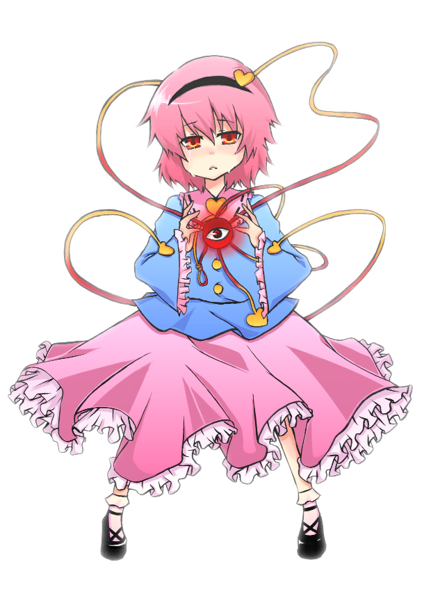 yami nabe, komeiji satori, touhou, 1girl, female focus, full body, hairband, heart, purple hair, red eyes, short hair, simple background, solo, tears