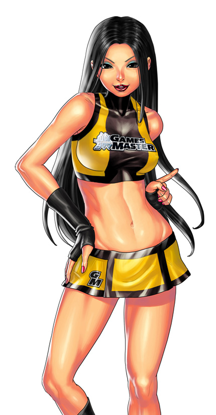 chester ocampo, 1girl, bare shoulders, black eyes, black hair, breasts, collarbone, contrapposto, eyeshadow, female focus, fingerless gloves, gloves, large breasts, lips, lipstick, long hair, makeup, midriff, miniskirt, nail polish, navel, pink nails, skirt, sleeveless, solo, standing