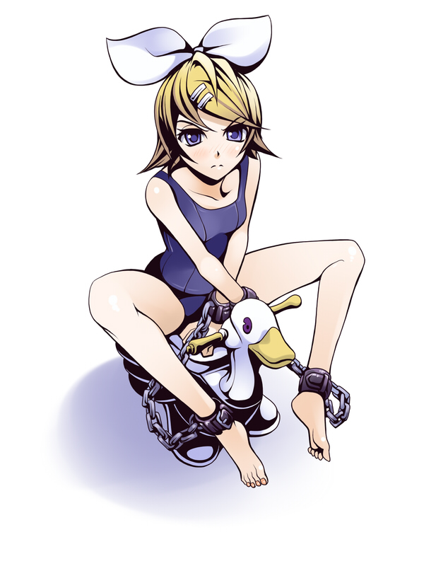 torigoe takumi, kagamine rin, vocaloid, 1girl, angry, barefoot, blonde hair, blue eyes, chain, feet, female focus, full body, hair ornament, hair ribbon, hairclip, legs, one-piece swimsuit, potty, ribbon, school swimsuit, short hair, simple background, solo, spread legs, swimsuit