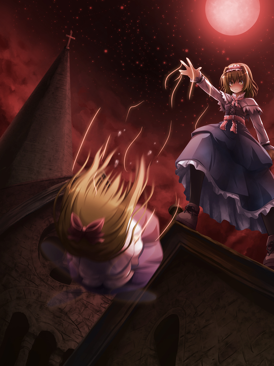 akashio (loli ace), alice margatroid, shanghai doll, touhou, bad id, bad pixiv id, highres, 1girl, blonde hair, female focus, moon, red moon, short hair, solo, tears