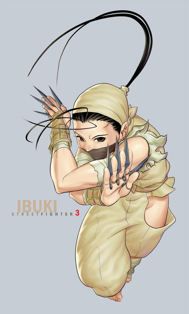 chester ocampo, ibuki (street fighter), capcom, street fighter, street fighter iii (series), 1girl, antenna hair, bare shoulders, barefoot, black hair, brown eyes, clothing cutout, female focus, groin, hip focus, hip vent, kunai, ninja, ponytail, solo, toeless legwear, weapon