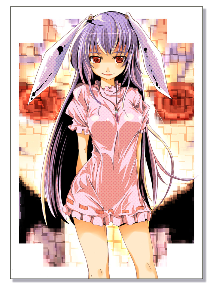 maturiuta sorato, inaba tewi, reisen udongein inaba, touhou, 1girl, animal ears, cosplay, female focus, inaba tewi (cosplay), jewelry, long hair, pendant, purple hair, rabbit ears, red eyes, solo, vial