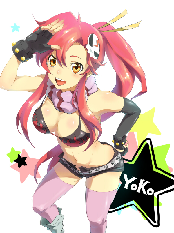 isumimax, yoko littner, tengen toppa gurren lagann, 00s, 1girl, bare shoulders, belt, bikini, bikini top only, breasts, brown eyes, cleavage, elbow gloves, female focus, fingerless gloves, gloves, hair ornament, large breasts, long hair, navel, pink thighhighs, ponytail, red hair, scarf, short shorts, shorts, skull, skull hair ornament, smile, solo, star (symbol), studded belt, swimsuit, thighhighs, yellow eyes
