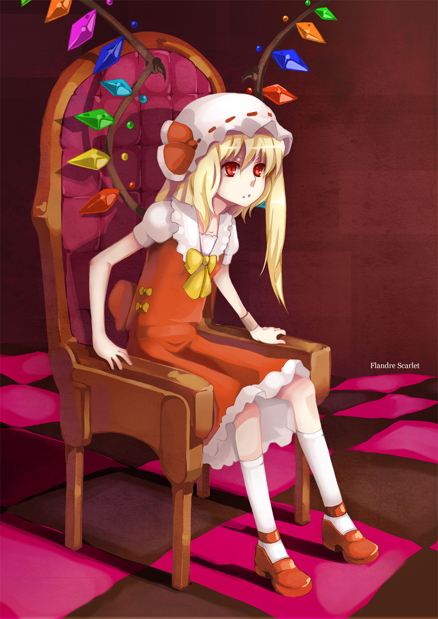 hao (patinnko), patinnko, flandre scarlet, embodiment of scarlet devil, touhou, bad id, bad pixiv id, highres, 1girl, arm support, armchair, blonde hair, chair, checkered floor, english text, female focus, floor, hat, kneehighs, perspective, ponytail, red eyes, short hair, side ponytail, sitting, socks, solo, white socks, wings